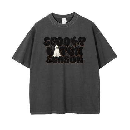 Spooky Bitch Season Vintage Drop Shoulder T-Shirt Funny Halloween Tee