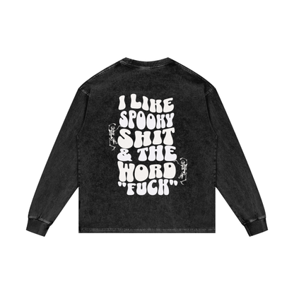 Spooky Shit & The Word Fuck Acid Wash Oversize Long Sleeve T-Shirt